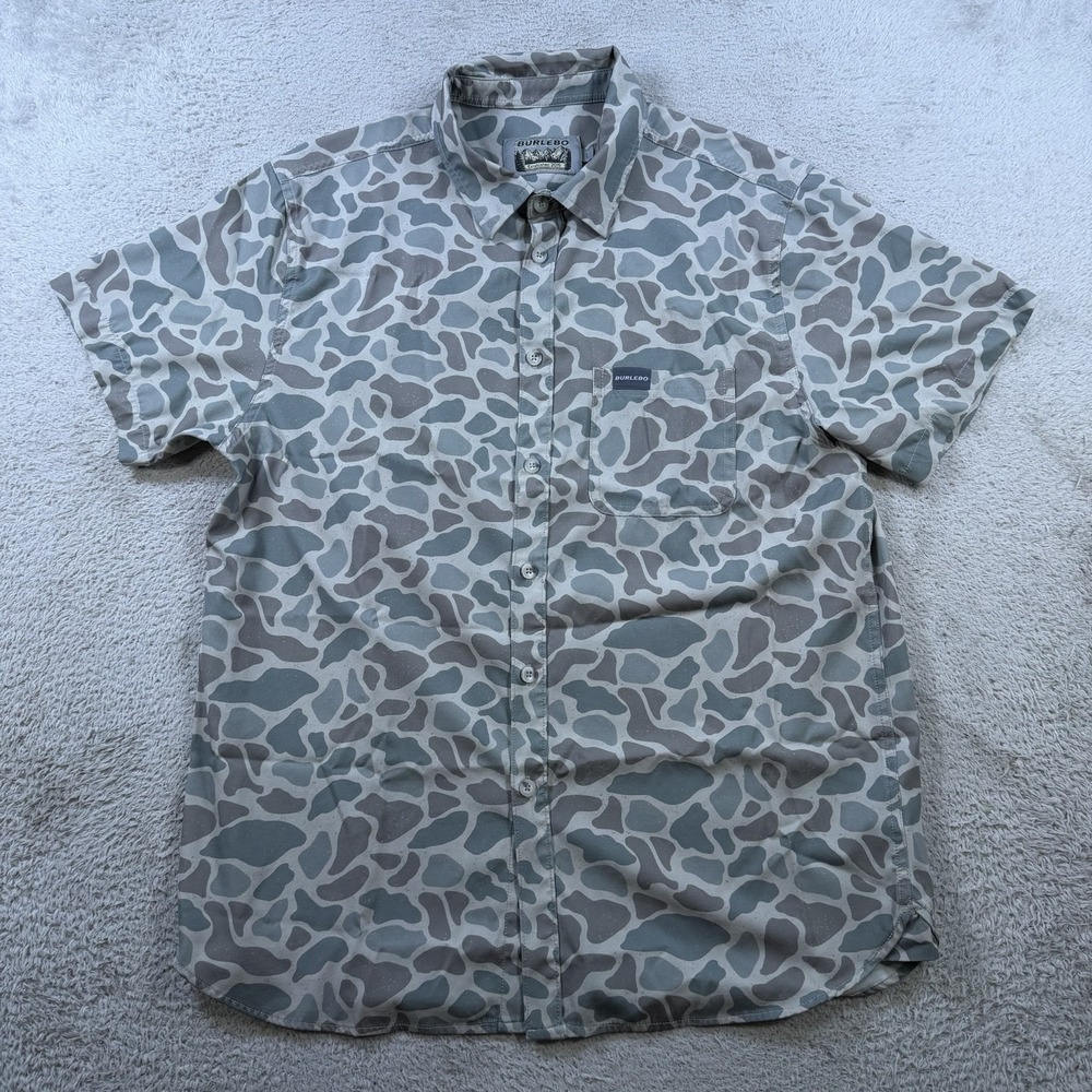 Burlebo Shirt Mens Large Camo Button Up Short Sleeve Pocket Outdoor Stretch